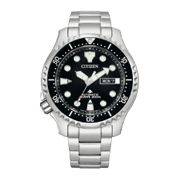 Sølvfarget Citizen armbåndsur med svart urskive, selvlysende markører og datofunksjon på lenke i rustfritt stål.