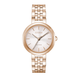 Citizen armbåndsur i roségull med en elegant lenkearmbånd, minimalistiske timemarkører og en hvit urskive som viser frem Eco-Drive-funksjonen.